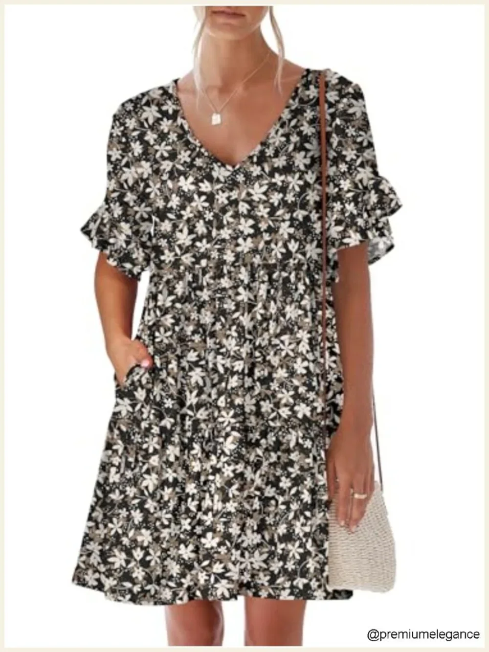 V Neck Ruffle Sleeve A-Line Tiered Flowy Mini Dress with Pockets